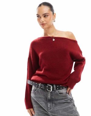 Miss Selfridge slouchy one shoulder jumper in burgundy