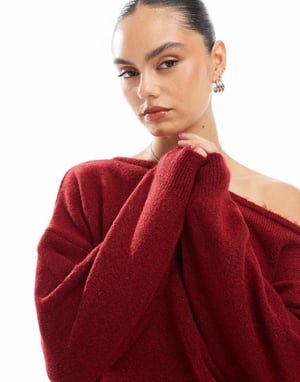 Miss Selfridge slouchy one shoulder jumper in burgundy