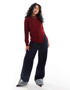 ASOS DESIGN knitted asymmetric jumper with ruched side in burgundy