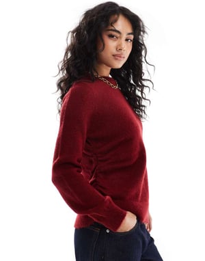 ASOS DESIGN knitted asymmetric jumper with ruched side in burgundy