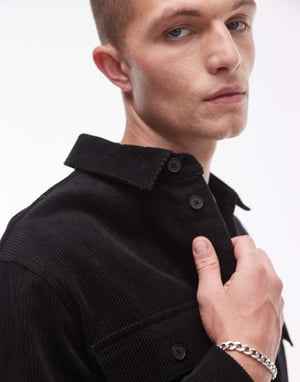 Topman long sleeve cord overshirt in black