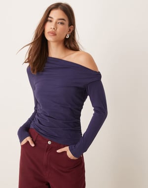 Abercrombie & Fitch asymmetric off the shoulder long sleeve top in navy