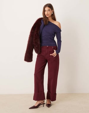 Abercrombie & Fitch asymmetric off the shoulder long sleeve top in navy