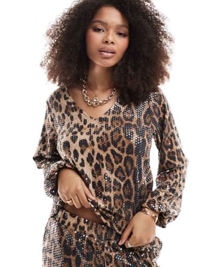 Threadbare leopard print tie front sequin long sleeve top