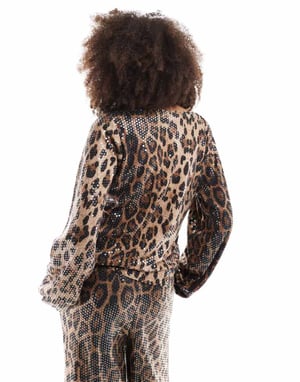 Threadbare leopard print tie front sequin long sleeve top