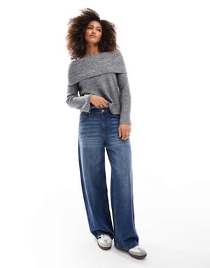 Vero Moda slouchy off shoulder jumper in medium grey melange
