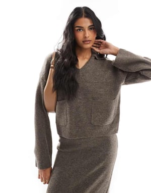 Pieces open polo neck jumper co-ord in deep taupe