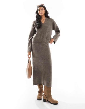 Pieces open polo neck jumper co-ord in deep taupe