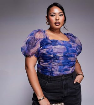 In The Style Plus puff sleeve organza bodysuit in purple print