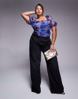 In The Style Plus puff sleeve organza bodysuit in purple print