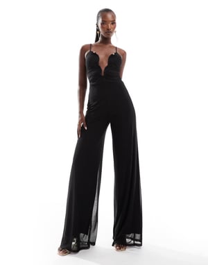 ASOS DESIGN mesh cami wide leg jumpsuit with curvy neckline in black