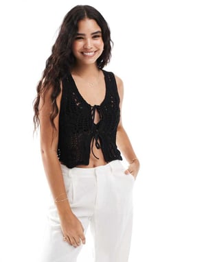 ONLY tie front crochet vest in black