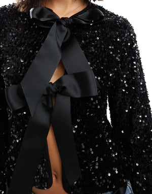 ONLY sequin velvet tie front top in black