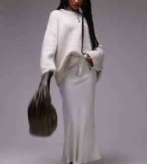 Topshop petite bias skirt with drawstring waist panel in ivory