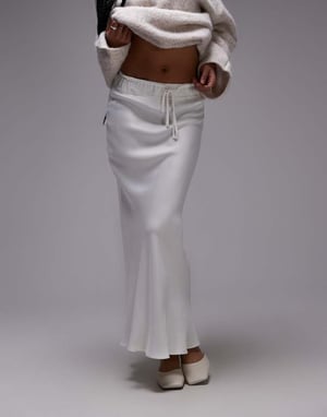 Topshop petite bias skirt with drawstring waist panel in ivory