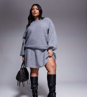 In The Style Plus x Natalya Wright exclusive pleated knitted fluffy yarn skirt co-ord in charcoal