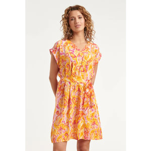 Smashed Lemon Korte jurk met ceintuur en oranje-roze paisley print |