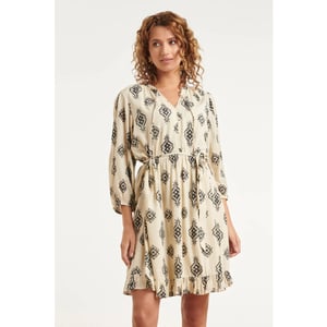Smashed Lemon Crème jurk met zwarte geometrische print en ceintuur |