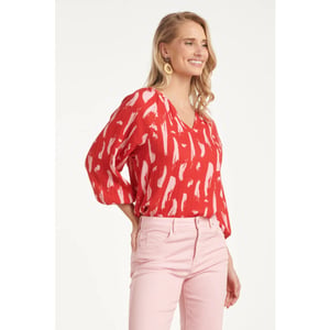 Smashed Lemon Top met abstracte streep print in rood met roze |
