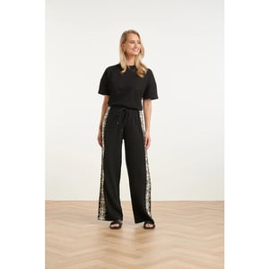 Smashed Lemon Comfortabele wide leg broek met contrasterende borduring |
