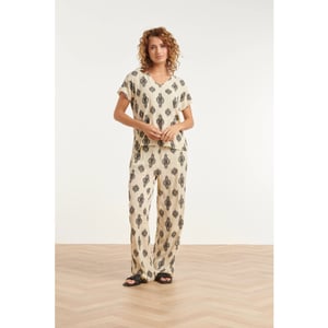Smashed Lemon Beige broek met zwarte aztec print |