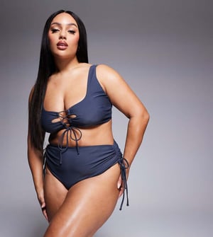 ASOS DESIGN Curve Sierra high waist bikini bottom with ties in slate grey