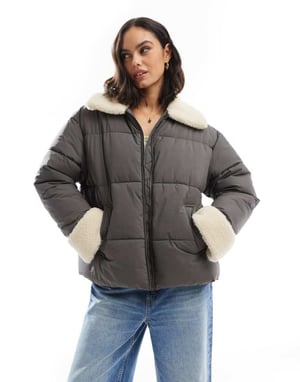 ASOS DESIGN borg collar and cuff puffer jacket in charcoal