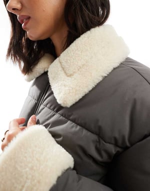 ASOS DESIGN borg collar and cuff puffer jacket in charcoal