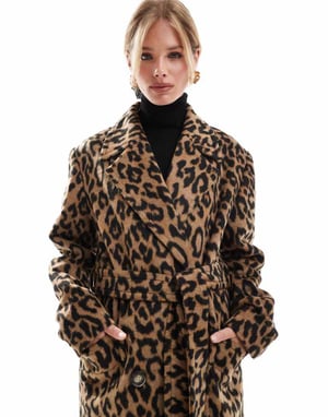 Miss Selfridge belted wrap formal coat in leopard print