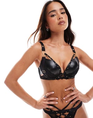 Ann Summers Eliminating PU padded plunge bra in black - BLACK