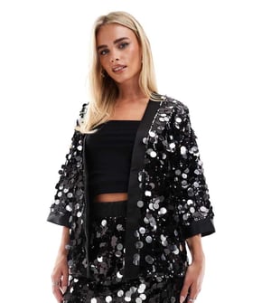 ASOS DESIGN Petite disco sequin kimono in black
