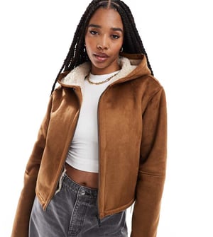 ASOS DESIGN Tall hooded shearling jacket in tan