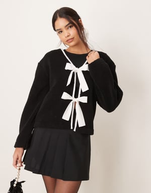 ASOS DESIGN borg jacket with bow tie details in black