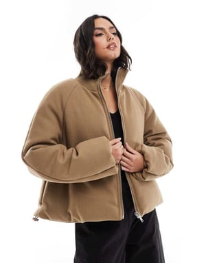 ASOS DESIGN knit collar clean puffer jacket in mushroom