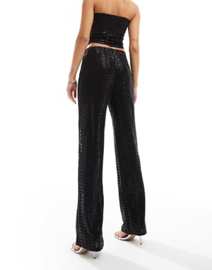 Pieces high waisted straight leg sequin trouser mix & match set in black