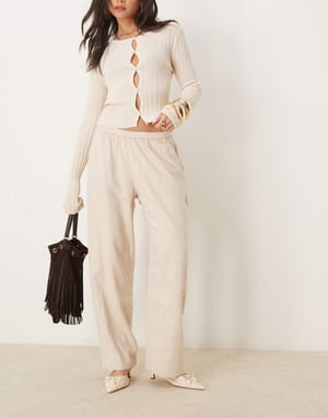 Abercrombie & Fitch pull on linen blend straight leg trouser in beige