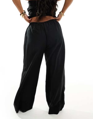 ASOS DESIGN Curve Isabel mix and match linen look tie waist beach trouser in black