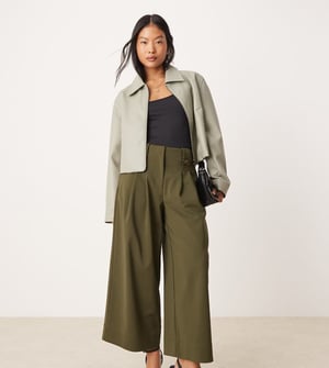 ASOS DESIGN Petite cropped adjustable tab waist trousers in olive
