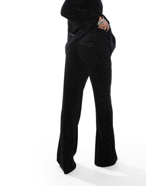 YAS velvet rhinestone high waisted trouser co-ord in black