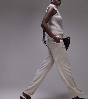 Topshop Tall low slung linen button trouser in natural
