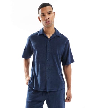 Jack & Jones Premium oversized towelling co-ord shirt in Navy