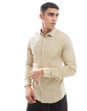 ASOS DESIGN skinny poplin shirt in stone