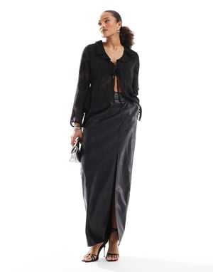 ONLY front tie sheer top with embroidery details in black
