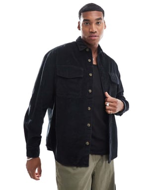 ASOS DESIGN 90s cord oversized shirt with patch pocket in black