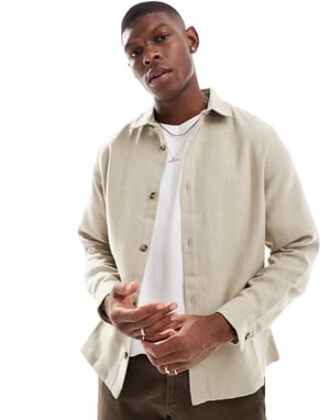 ASOS DESIGN wool look overshirt in stone