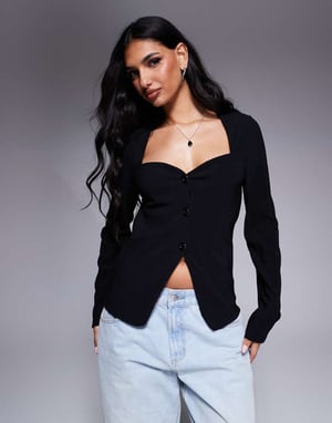 ASOS DESIGN ribbed structured sweetheart button through top in black