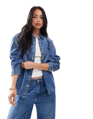 ONLY western detail denim shirt in mid blue
