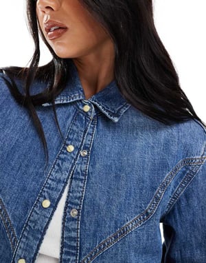 ONLY western detail denim shirt in mid blue