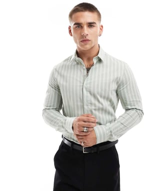 ASOS DESIGN skinny shirt with square collar in sage stripe