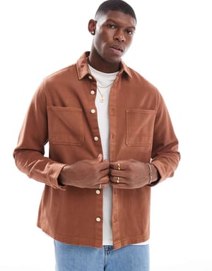 ASOS DESIGN denim shirt with stitching detail in brown wash